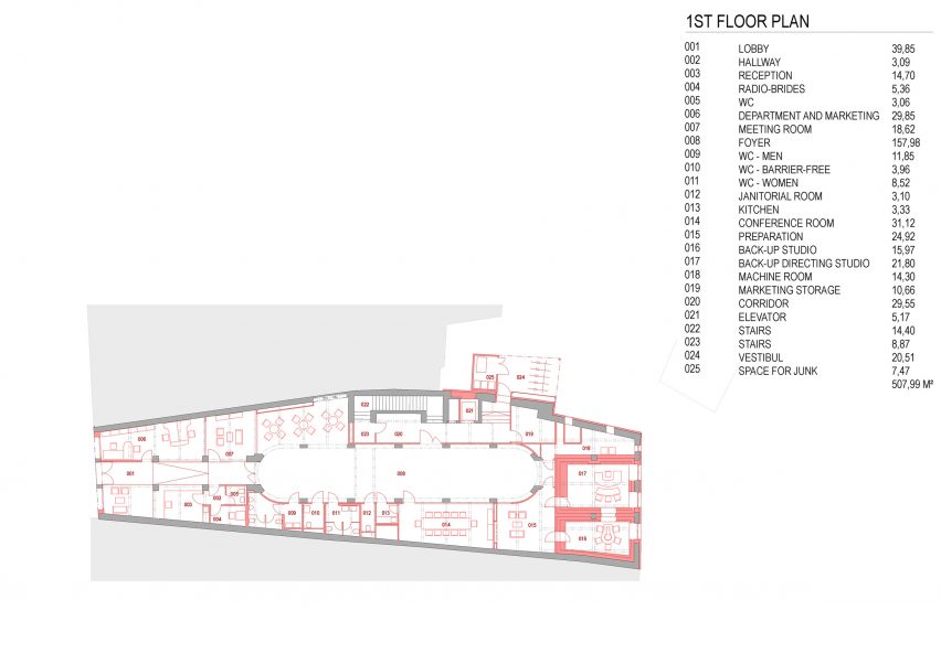 First floor plan with key for rooms and amenities