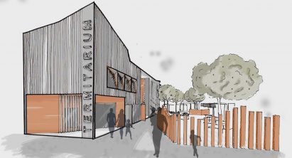 Sketch render of a grey clad double height building with trees