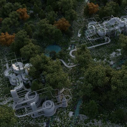 3D rendered model of a forest area with a silver metallic structural landscape intervention