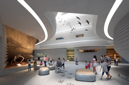 Milwaukee Public Museum atrium with children playing and installations rendering