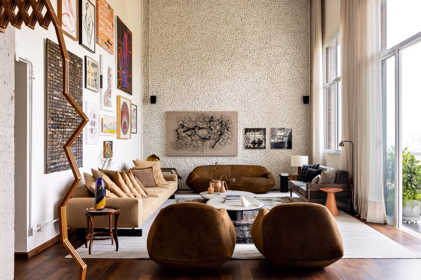 Living room with mosaic and gallery walls