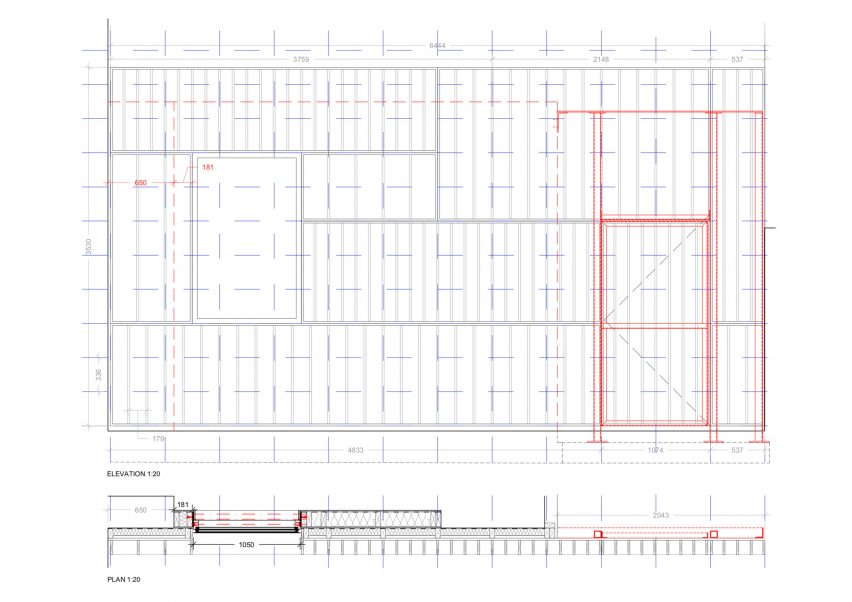 Architectural elevation drawing showing the structure of the garage's frontage