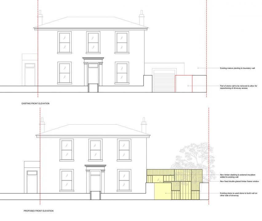 Architectural elevation drawing showing the front of the property before (top) and after (bottom) garage renovation