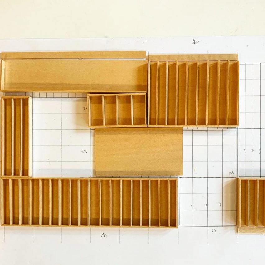 Photograph showing the scale model of the garage frontage in progress