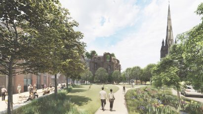 Park in Bristol with view of St Mary's Church and path leading up to Redcliffe Way apartments