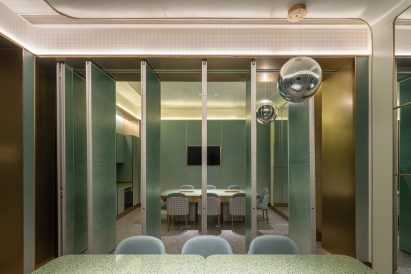 Shenzhen's Haidilao restaurant by Vermilion Zhou Design Group features blue-green interiors