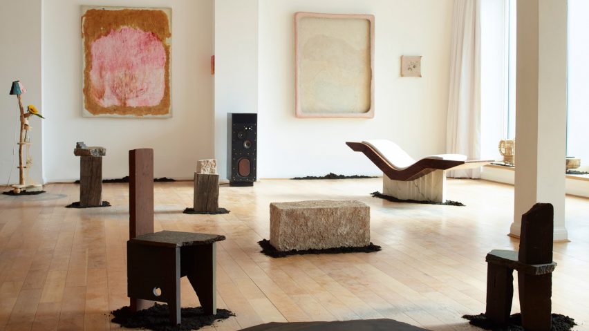 Furniture made from wood, stone and leather
