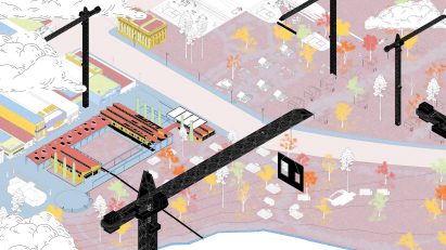 Colourful axonometric drawing of a city plan with cranes presented on Dezeen School Shows