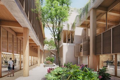 Interior courtyard with large wood beams