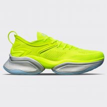 A lime green running trainer