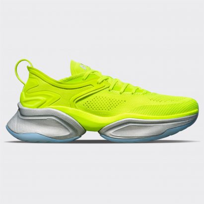 A lime green running trainer