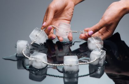 Necklace with seven ice cubes on silver chain