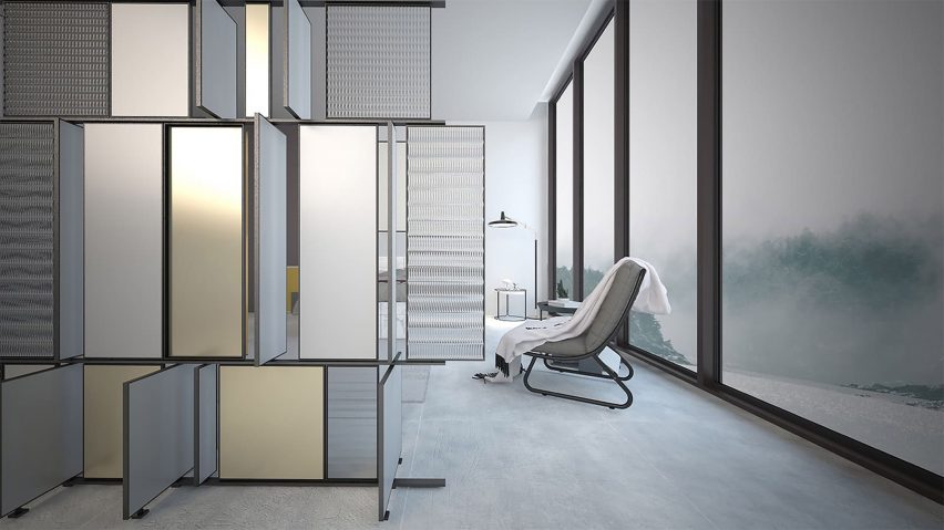 Interior of a grey living space with a lounge chair and wall separator by student at Istituto Marangoni