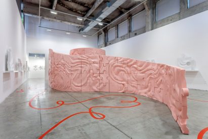 Outside of the Intentionally Opaque installation within the white walls of the SCI-Arc Gallery