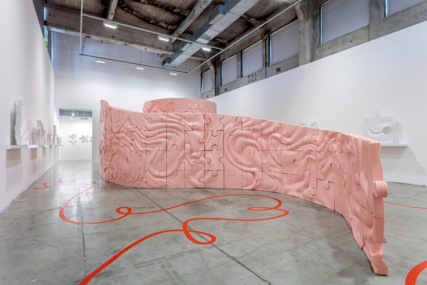 Outside of the Intentionally Opaque installation within the white walls of the SCI-Arc Gallery