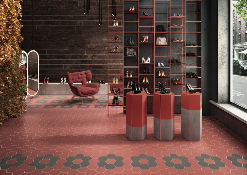Red Kerestar hexagonal tiles used on the floor of a shoe shop