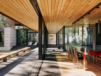 Wood paneled ceiling with glasss