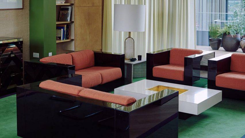 Helios 710 apartment, UK, by Bella Freud and Maria Speake with glossy black sofa