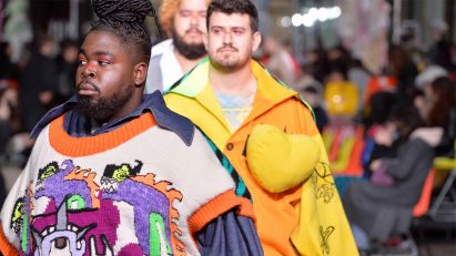 Models in bright clothing walking the Central Saint Martins fashion catwalk