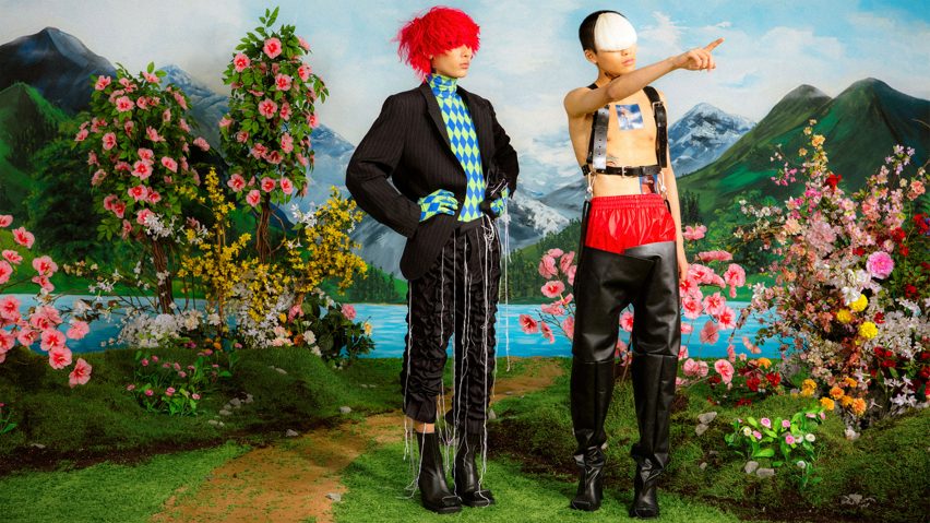 Two models in fashion clothing in a flowery and grassy photo set