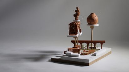 Architectural model of a bridge structure and elevated elements presented on Dezeen School Shows