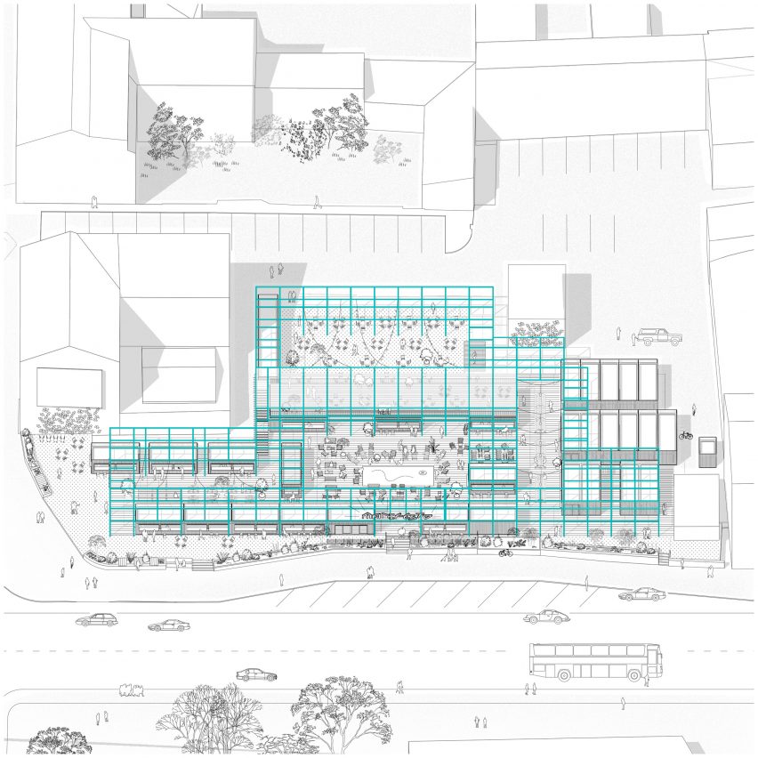 Axonometric site plan of Manifesto Market by Chybik+Kristof