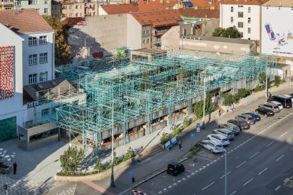 Pop-up structure in Prague made from blue scaffolding