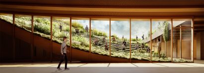 Interior of education hub with green roof