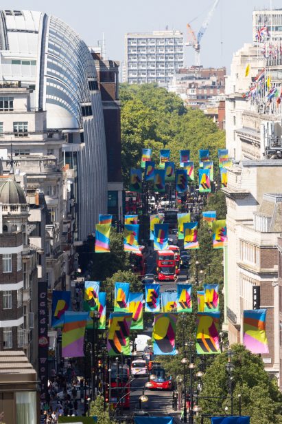 Elevated view of Morag Myerscough's flags for Clean Power on Oxford Street