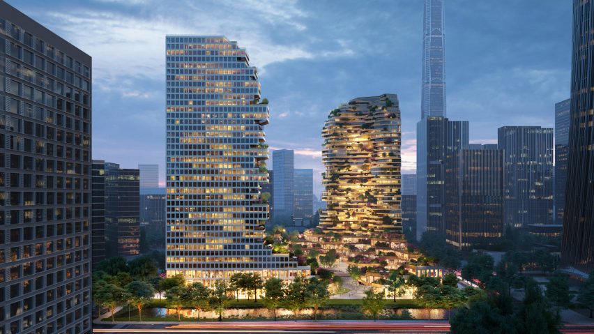 Render of Oasis Towers lit at twilight