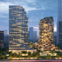 Render of Oasis Towers lit at twilight