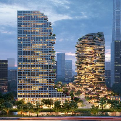 Render of Oasis Towers lit at twilight