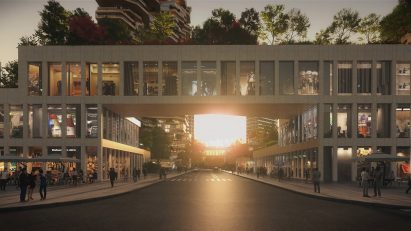 Render of a road that divides the mixed-use commercial and residential development