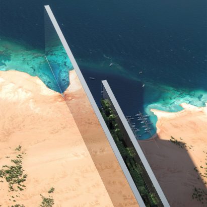 Render of The Line's mirrored facades