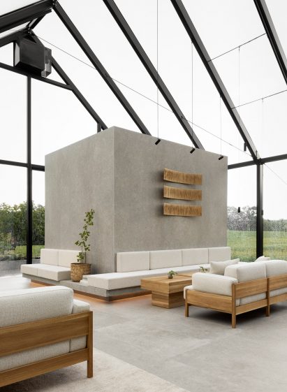 Concrete box inside glass restaurant in Sweden by Norm Architects
