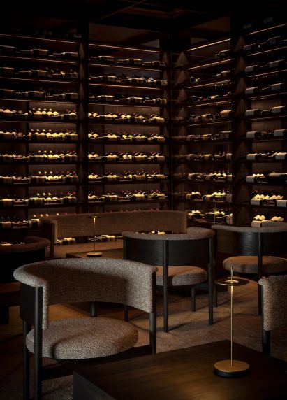 Dark grey seating in wine cellar in Sweden