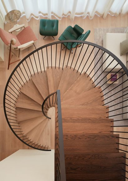 Spiral staircase and chairs