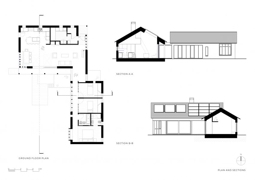 Plan and sections of Clay Retreat in Hampshire by Pad Studio