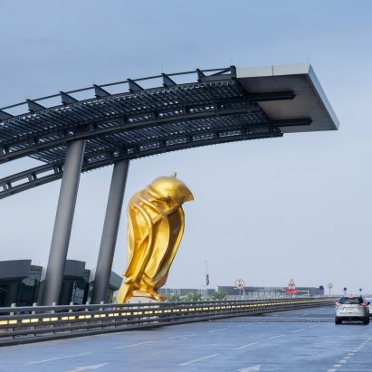 A stainless-steel sculpture overlooking the Hamad International Airport