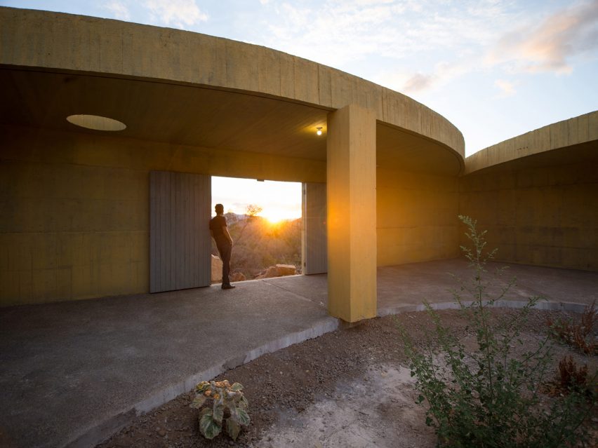 Sunset view from courtyard of Raem House by Pezo von Ellrichshausen