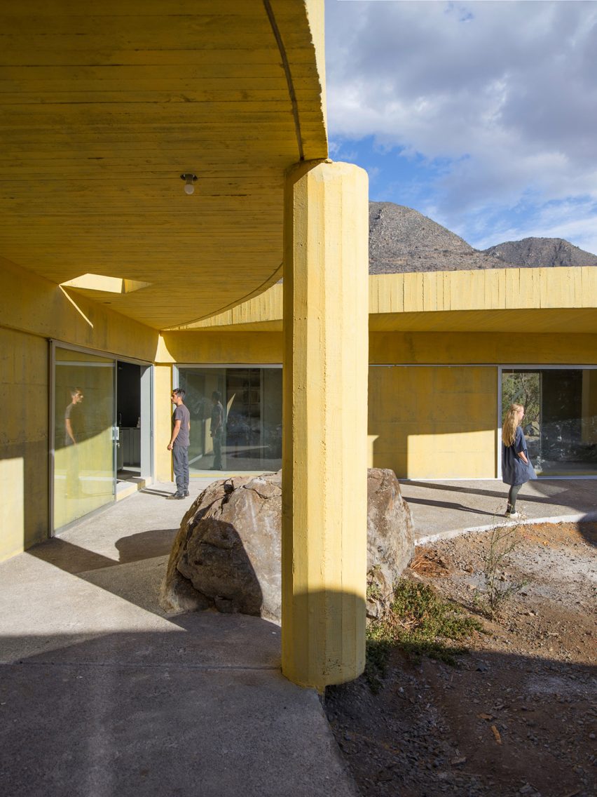 Yellow concrete column of Raem House by Pezo von Ellrichshausen