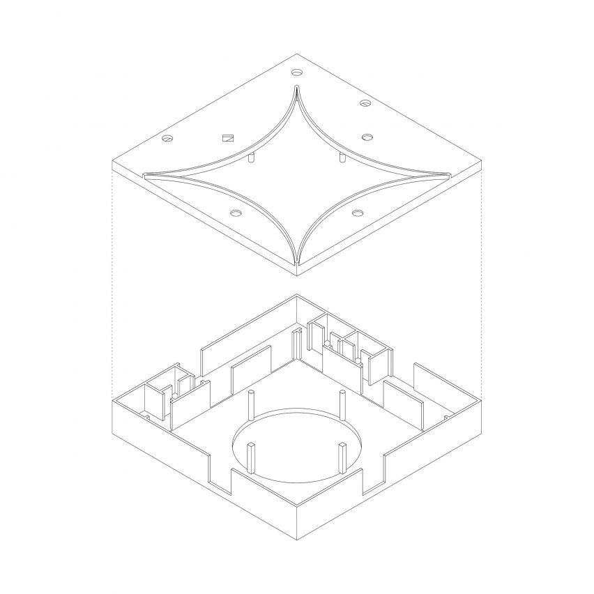Exploded axonometric diagram of Raem House by Pezo von Ellrichshausen