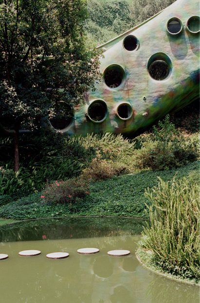 Pond with snake facade in the background