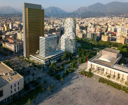 Aerial view of Skanderbeg Building in Tirana