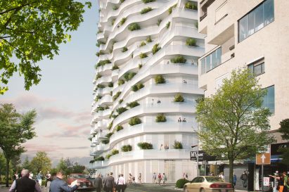 Building with curved glass balconies