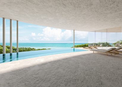 Render of an infinity pool and terrace at the Japanese villa