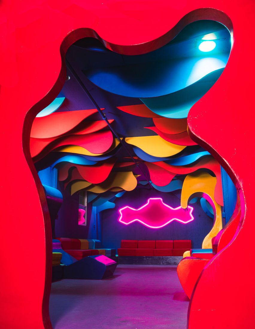 Lounge with fluorescent panels