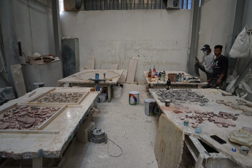 A marble factory in Beirut with marble on workspaces