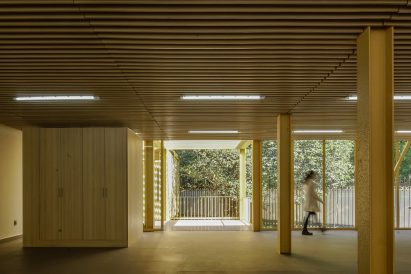 Interior of yellow steel pavilion