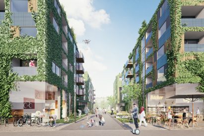 A street lined with plant covered building in Berlin TXL
